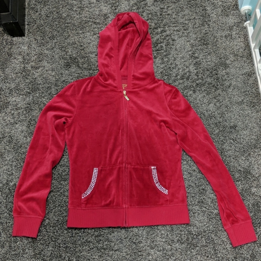 Red velor zip up sweatshirt with rinestones
